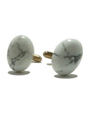 Howlite Cufflinks Healthy Inspiration White Oval Gemstones on Gold Metal